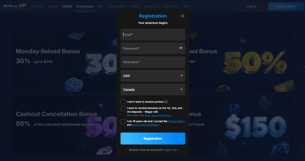 Register a casino account with Race Up